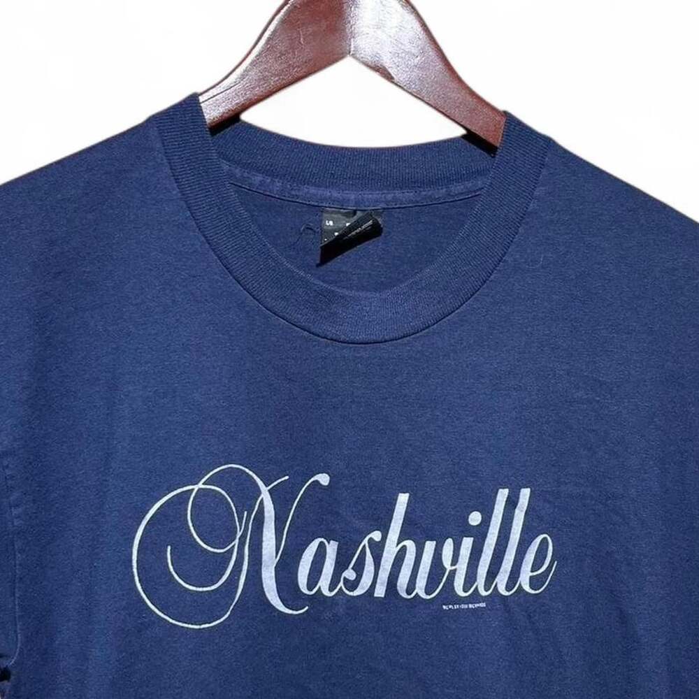 Screen Stars Nashville Script T-Shirt Size L Vintage Navy Blue 90s